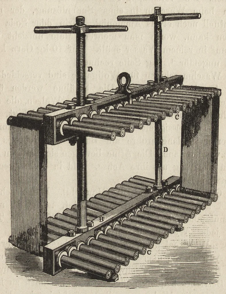 An illustration from Das Färben und Bleichen : von Baumwolle, Wolle, Seide, Jute, Leinen, etc : in unversponnenen Zustande, al Garn und al Stückware : Praktisches Hilfs- und Lehrbuch bearbeitet für Färber und Färberei-Chemiker, sowie zum Unterricht in Fachschulen, mit zahlreichen Maschinenzeichnungen, 1889, leaf 238