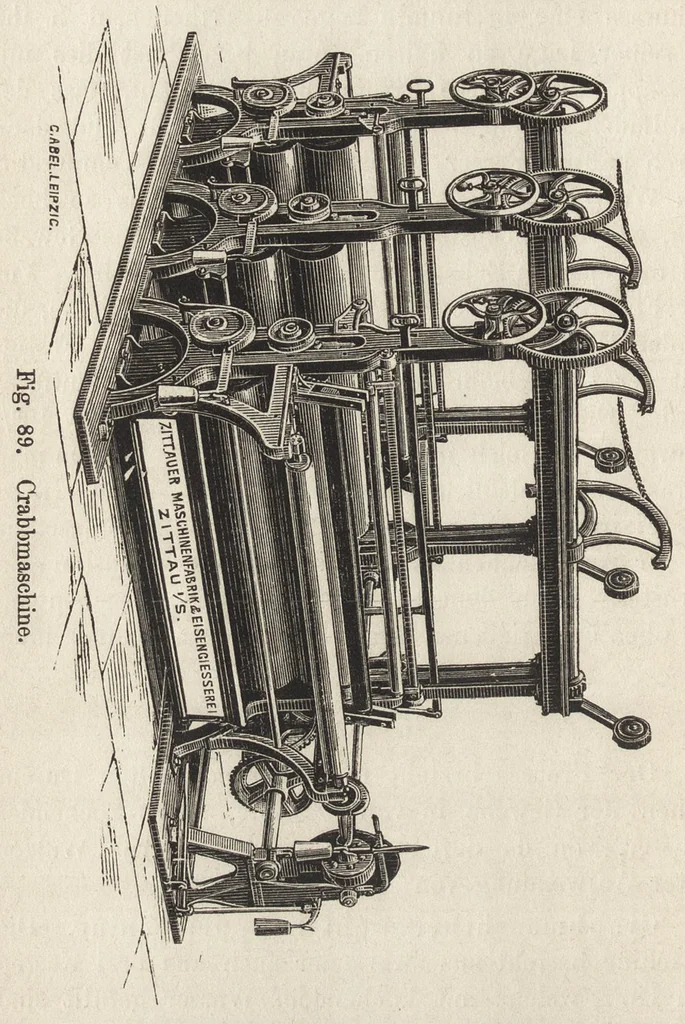 An illustration from Das Färben und Bleichen : von Baumwolle, Wolle, Seide, Jute, Leinen, etc : in unversponnenen Zustande, al Garn und al Stückware : Praktisches Hilfs- und Lehrbuch bearbeitet für Färber und Färberei-Chemiker, sowie zum Unterricht in Fachschulen, mit zahlreichen Maschinenzeichnungen, 1889, leaf 251