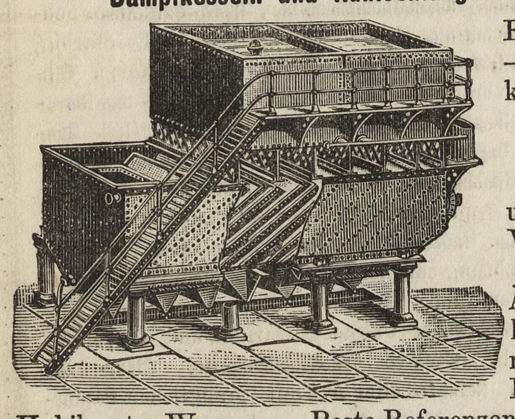 An illustration from Das Färben und Bleichen : von Baumwolle, Wolle, Seide, Jute, Leinen, etc : in unversponnenen Zustande, al Garn und al Stückware : Praktisches Hilfs- und Lehrbuch bearbeitet für Färber und Färberei-Chemiker, sowie zum Unterricht in Fachschulen, mit zahlreichen Maschinenzeichnungen, 1889, leaf 284