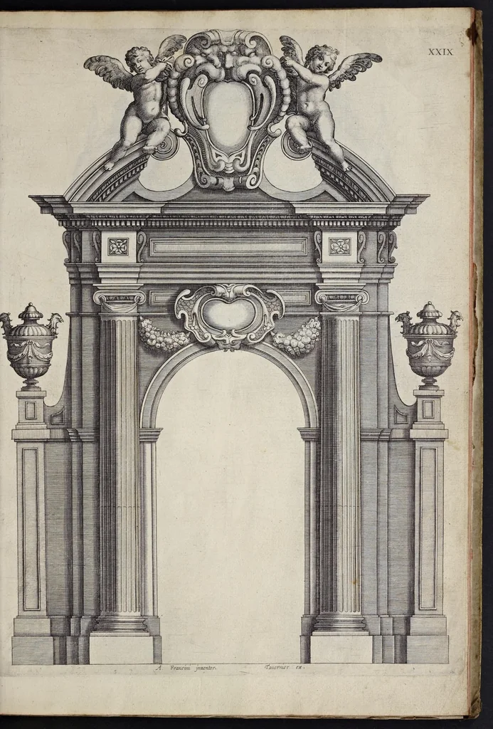 An illustration from Liure d'architecture : contenant plusievrs portiques de differentes inuentions sur les cinq ordres de colomnes, 1640, leaf 68