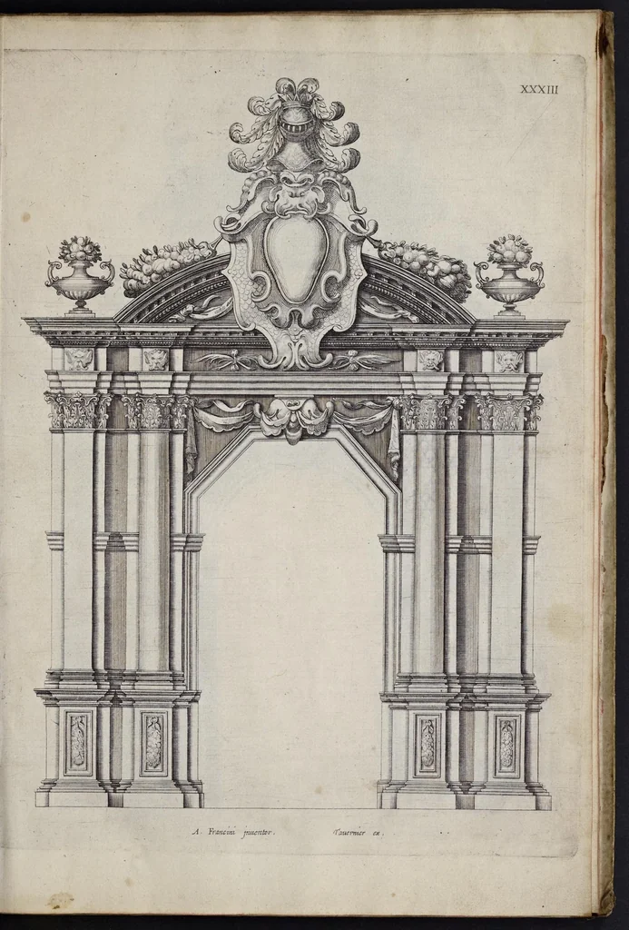 An illustration from Liure d'architecture : contenant plusievrs portiques de differentes inuentions sur les cinq ordres de colomnes, 1640, leaf 76