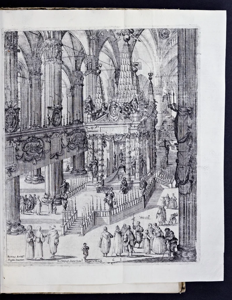An illustration from Racconto delle sontuose esequie fatte alla serenissima Isabella reina di Spagna nella chiesa maggiore della città di Milano il giorno xxij. decembre dell'anno M.D.C.XLIV, 1645, leaf 22
