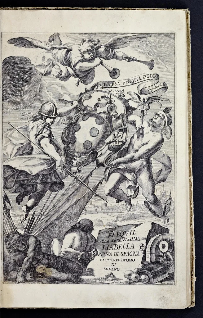 An illustration from Racconto delle sontuose esequie fatte alla serenissima Isabella reina di Spagna nella chiesa maggiore della città di Milano il giorno xxij. decembre dell'anno M.D.C.XLIV, 1645, leaf 4
