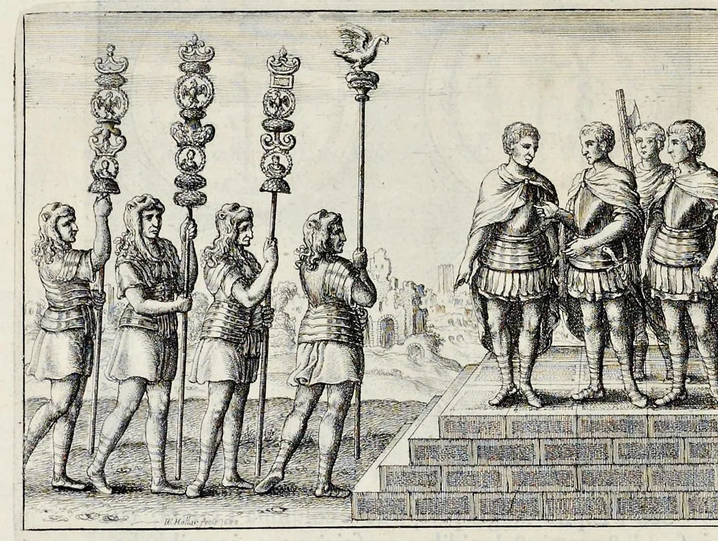 An illustration from Nicolai Vptoni De studio militari, libri quatuor. Iohan. de Bado Aureo, Tractatus de armis. Henrici Spelmanni Aspilogia, 1654, leaf 353