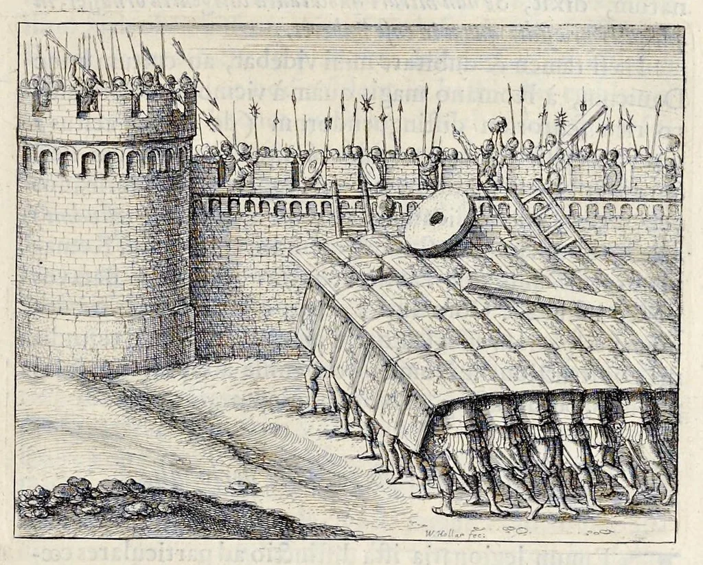 An illustration from Nicolai Vptoni De studio militari, libri quatuor. Iohan. de Bado Aureo, Tractatus de armis. Henrici Spelmanni Aspilogia, 1654, leaf 364