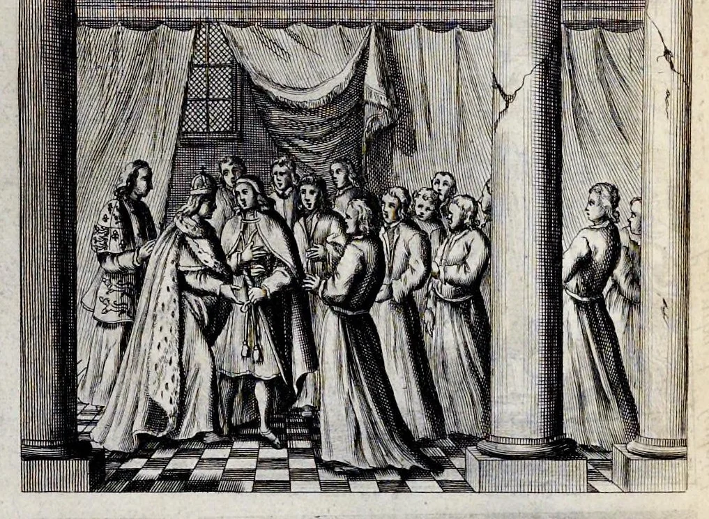 An illustration from Nicolai Vptoni De studio militari, libri quatuor. Iohan. de Bado Aureo, Tractatus de armis. Henrici Spelmanni Aspilogia, 1654, leaf 510