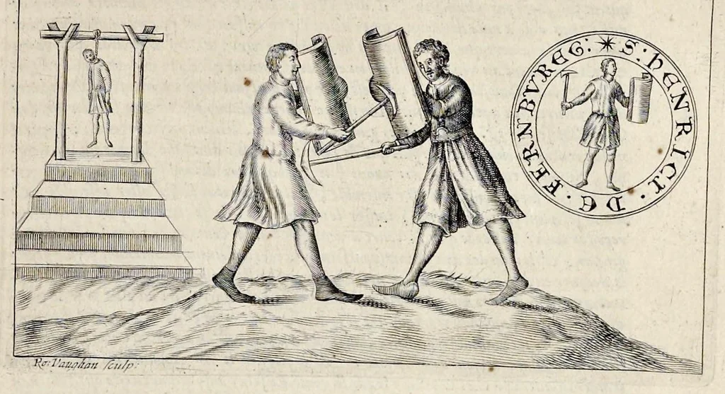 An illustration from Nicolai Vptoni De studio militari, libri quatuor. Iohan. de Bado Aureo, Tractatus de armis. Henrici Spelmanni Aspilogia, 1654, leaf 524