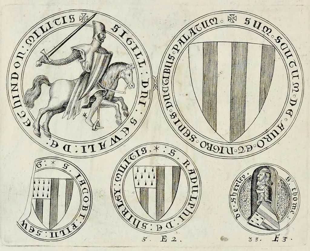 An illustration from Nicolai Vptoni De studio militari, libri quatuor. Iohan. de Bado Aureo, Tractatus de armis. Henrici Spelmanni Aspilogia, 1654, leaf 571