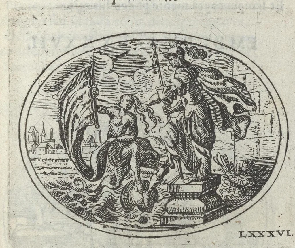 An illustration from R. P. Ioannis Kreihing Societatis Iesu Emblemata ethico-politica carmine explicata, 1661, leaf 144