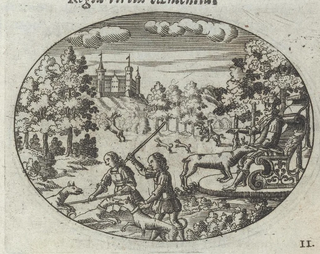 An illustration from R. P. Ioannis Kreihing Societatis Iesu Emblemata ethico-politica carmine explicata, 1661, leaf 32