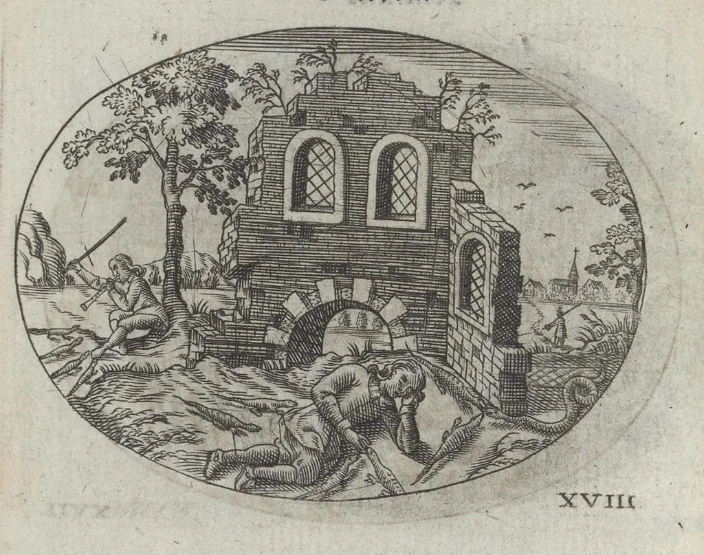 An illustration from R. P. Ioannis Kreihing Societatis Iesu Emblemata ethico-politica carmine explicata, 1661, leaf 53