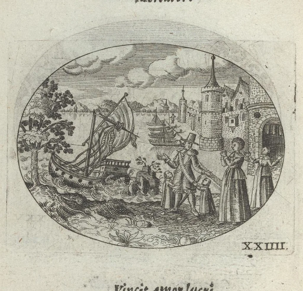 An illustration from R. P. Ioannis Kreihing Societatis Iesu Emblemata ethico-politica carmine explicata, 1661, leaf 59