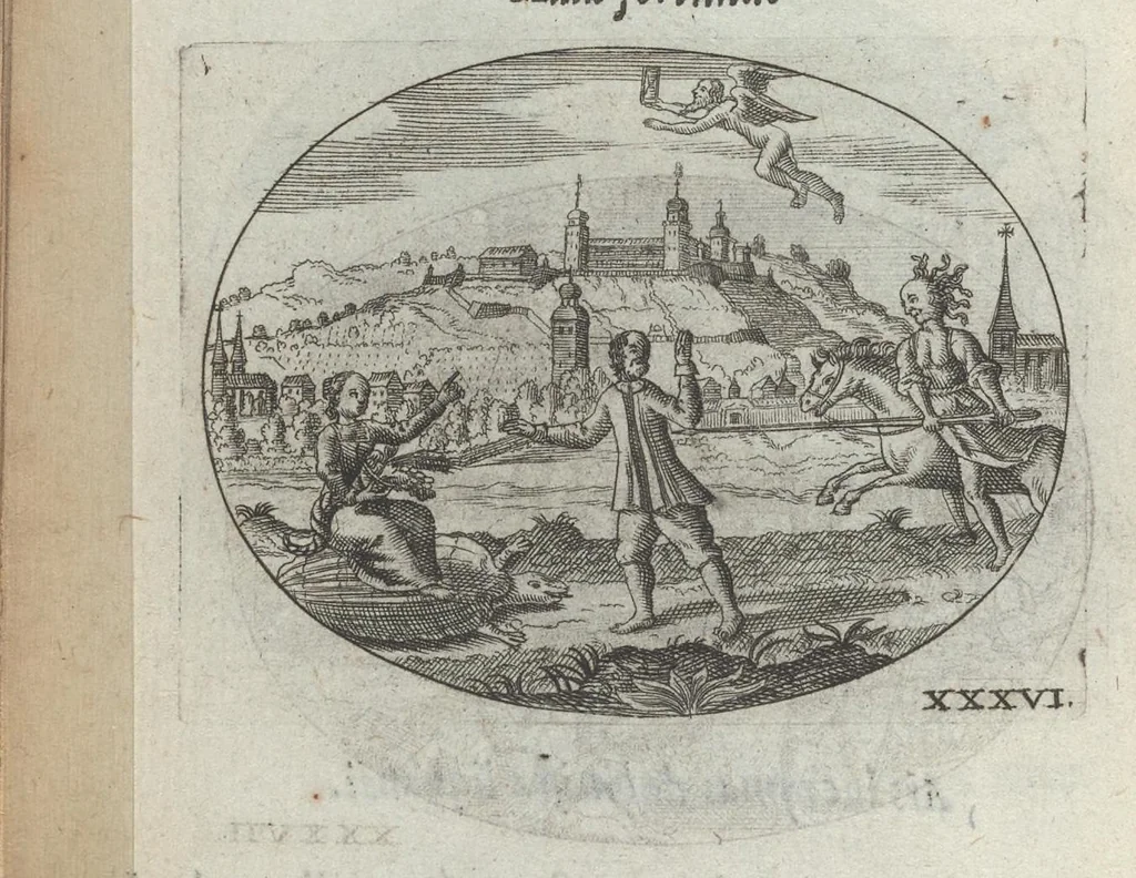 An illustration from R. P. Ioannis Kreihing Societatis Iesu Emblemata ethico-politica carmine explicata, 1661, leaf 71