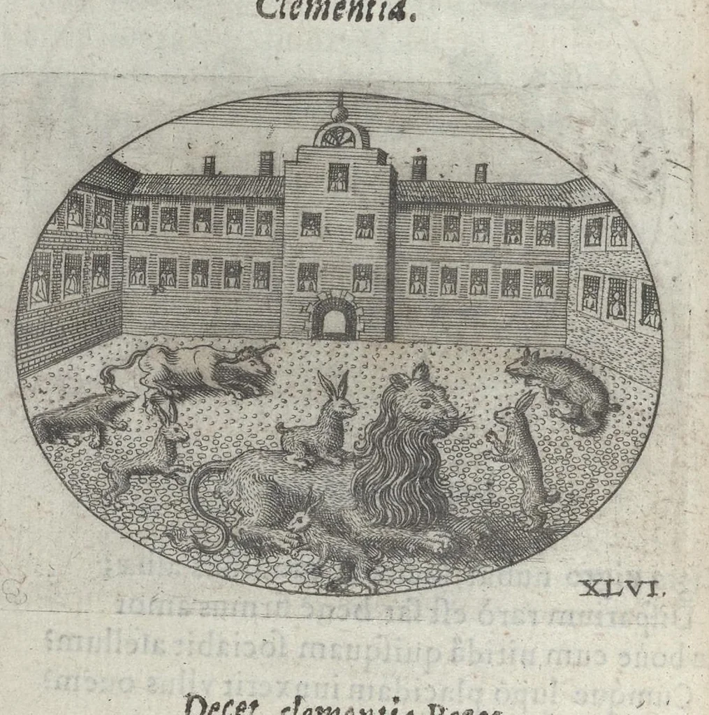 An illustration from R. P. Ioannis Kreihing Societatis Iesu Emblemata ethico-politica carmine explicata, 1661, leaf 85