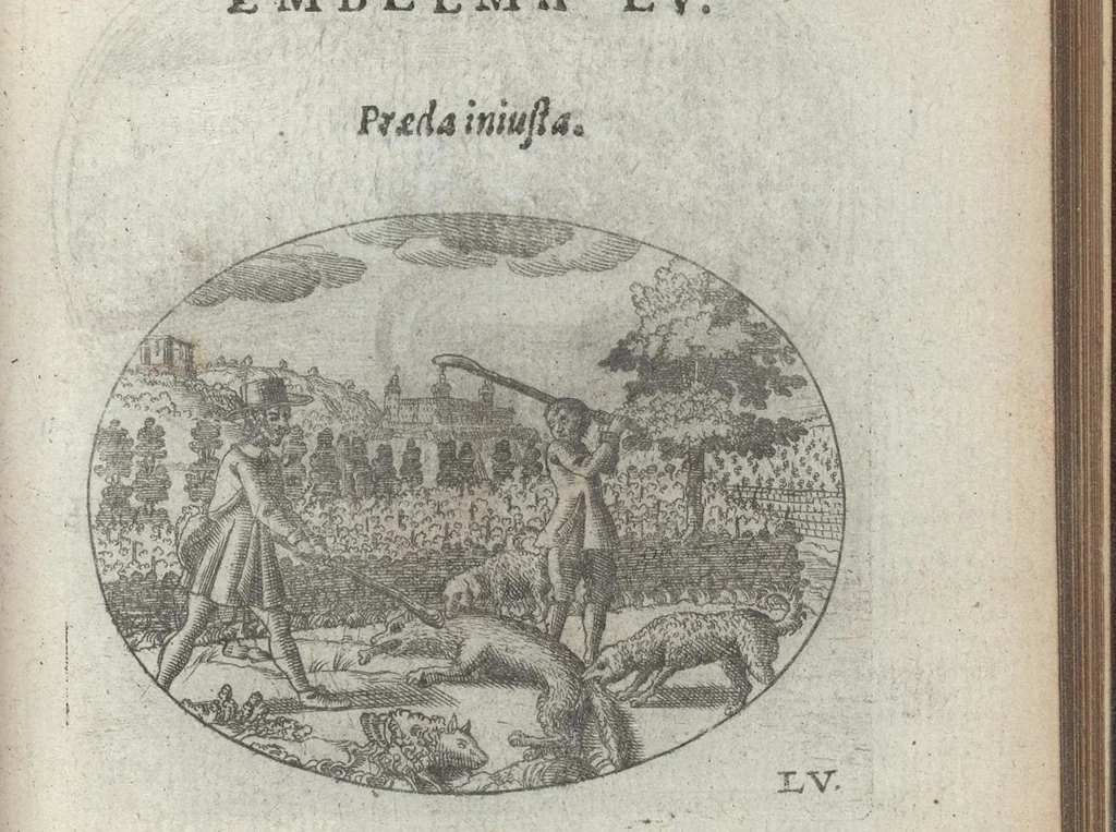 An illustration from R. P. Ioannis Kreihing Societatis Iesu Emblemata ethico-politica carmine explicata, 1661, leaf 98