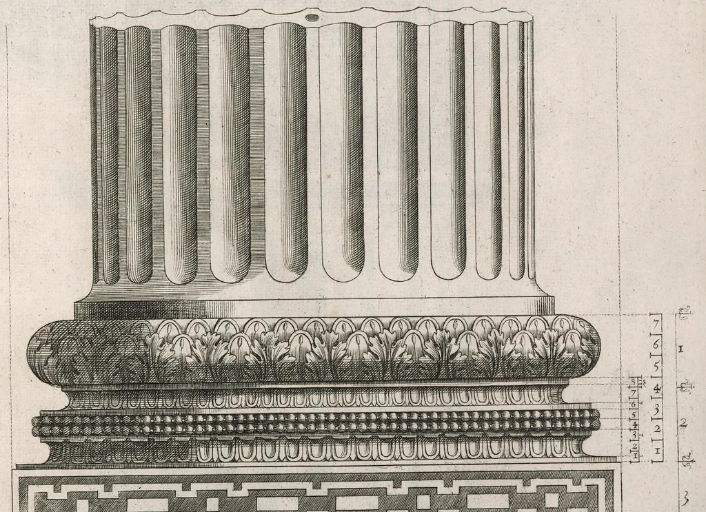 An illustration from A new treatise of architecture, according to Vitruvius : wherein is discoursed of the five orders of columns ..., 1669, leaf 74