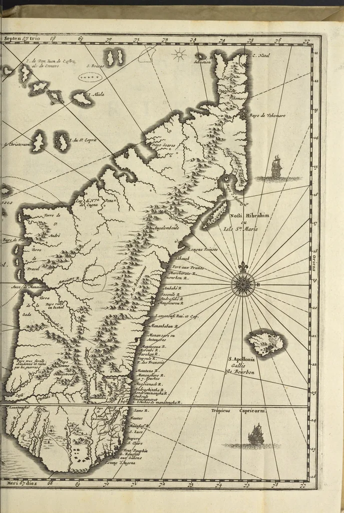 An illustration from Naukeurige beschrijvinge der Afrikaensche eylanden : als Madagaskar, of Sant Laurens, Sant Thomee, d'eilanden van Kanarien, Kaep de Verd, Malta, en andere ..., 1668, leaf 6