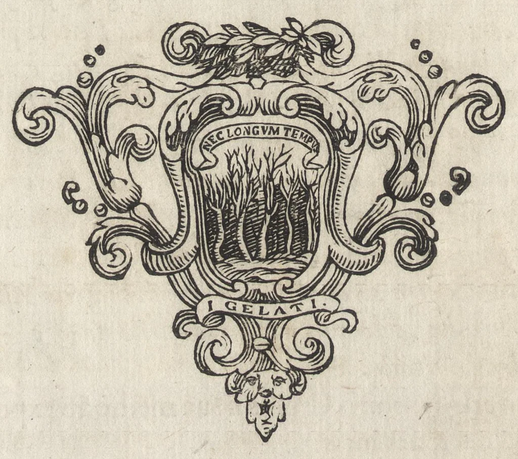 An illustration from Memorie imprese, e ritratti de' signori Accademici Gelati di Bologna, 1672, leaf 167