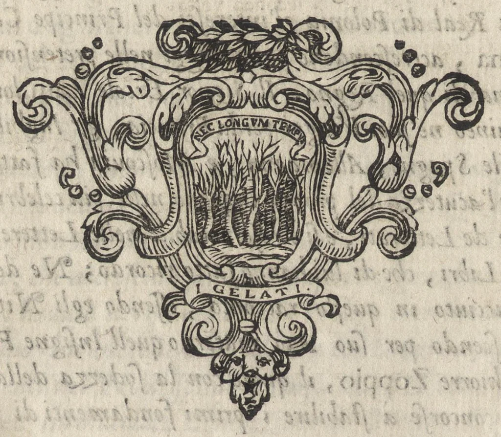 An illustration from Memorie imprese, e ritratti de' signori Accademici Gelati di Bologna, 1672, leaf 443