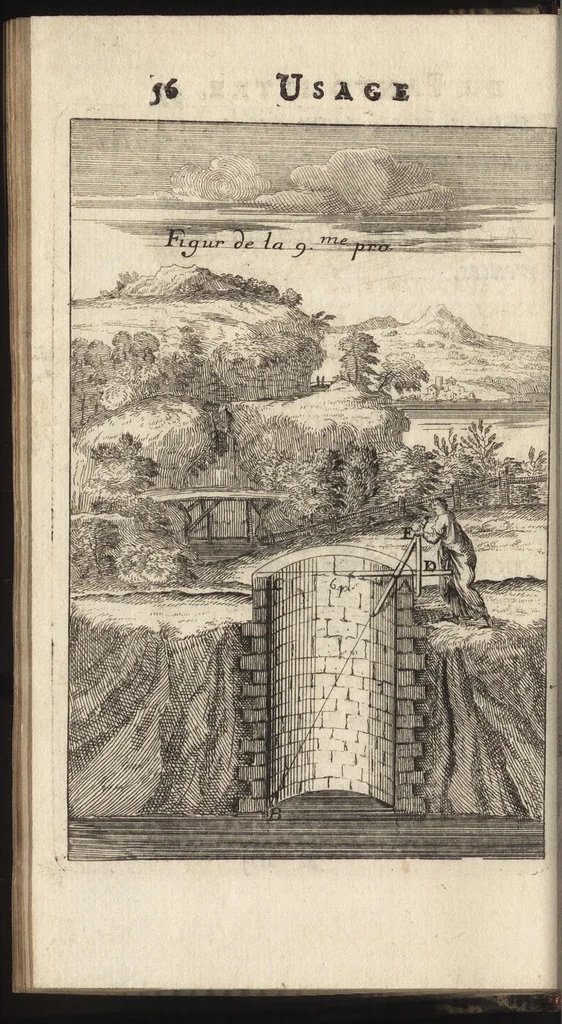 An illustration from Traité de l'usage du pantometre : instrument geometrique propre à prendre toutes fortes d'angles, mezurer les distances accessibles & inaccessibles, arpenter & diviser toutes fortes de figure, &c., nouvellement inventé par le Sr. Bullet, architecte & ingenieur du roi & de la ville, 1675, leaf 107