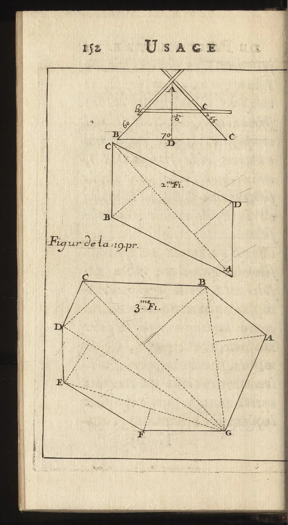 An illustration from Traité de l'usage du pantometre : instrument geometrique propre à prendre toutes fortes d'angles, mezurer les distances accessibles & inaccessibles, arpenter & diviser toutes fortes de figure, &c., nouvellement inventé par le Sr. Bullet, architecte & ingenieur du roi & de la ville, 1675, leaf 203