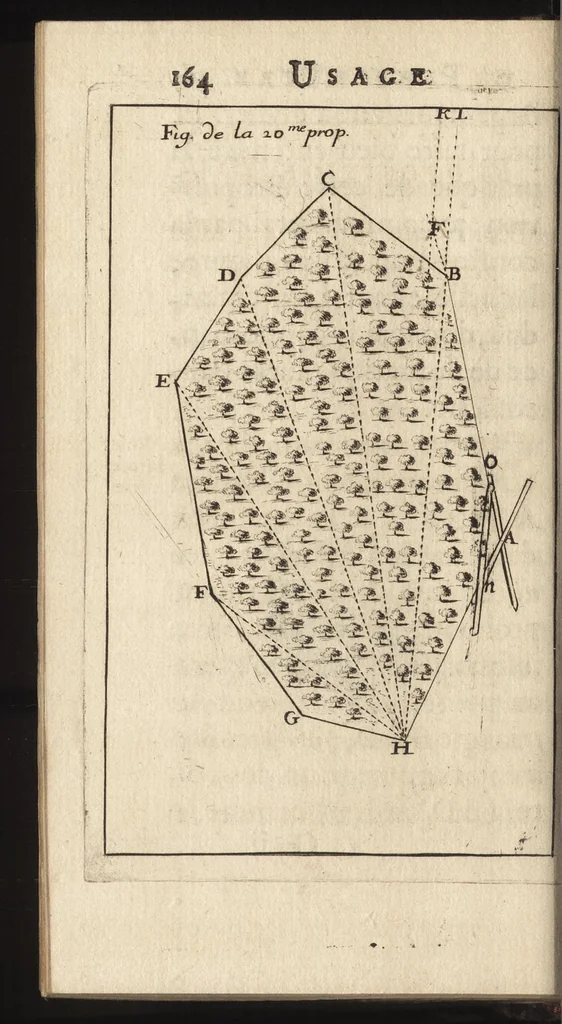 An illustration from Traité de l'usage du pantometre : instrument geometrique propre à prendre toutes fortes d'angles, mezurer les distances accessibles & inaccessibles, arpenter & diviser toutes fortes de figure, &c., nouvellement inventé par le Sr. Bullet, architecte & ingenieur du roi & de la ville, 1675, leaf 215