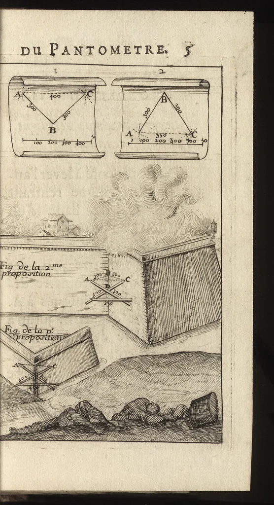 An illustration from Traité de l'usage du pantometre : instrument geometrique propre à prendre toutes fortes d'angles, mezurer les distances accessibles & inaccessibles, arpenter & diviser toutes fortes de figure, &c., nouvellement inventé par le Sr. Bullet, architecte & ingenieur du roi & de la ville, 1675, leaf 56