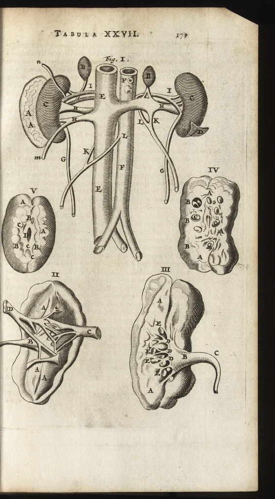 An illustration from Thomae Bartholini Anatome ex omnium veterum recentiorumque observationibus inprimis institutionibus b.m. parentis Caspari Bartholini : ad circulationem Harvejanam, et vasa lymphatica, 1686, leaf 216
