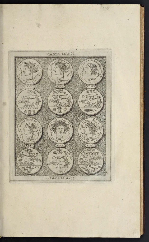 An illustration from Sicilia et Magna Graecia, sive, Historiae urbium et populorum Graeciae ex antiquis numismatibus liber primus, 1644, leaf 14