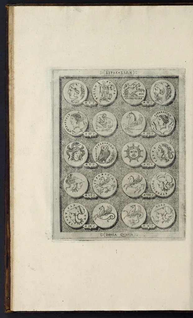 An illustration from Sicilia et Magna Graecia, sive, Historiae urbium et populorum Graeciae ex antiquis numismatibus liber primus, 1644, leaf 17