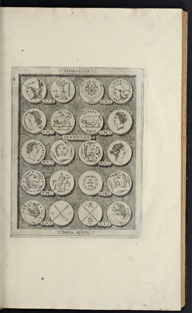 An illustration from Sicilia et Magna Graecia, sive, Historiae urbium et populorum Graeciae ex antiquis numismatibus liber primus, 1644, leaf 18