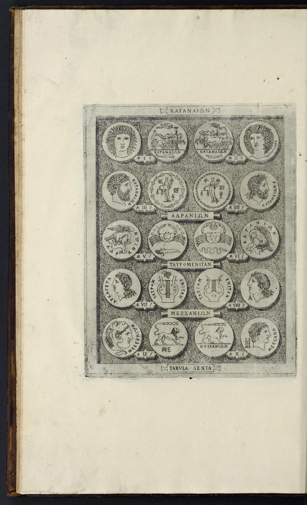An illustration from Sicilia et Magna Graecia, sive, Historiae urbium et populorum Graeciae ex antiquis numismatibus liber primus, 1644, leaf 19
