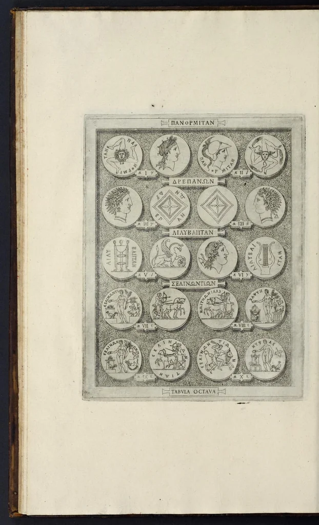 An illustration from Sicilia et Magna Graecia, sive, Historiae urbium et populorum Graeciae ex antiquis numismatibus liber primus, 1644, leaf 21