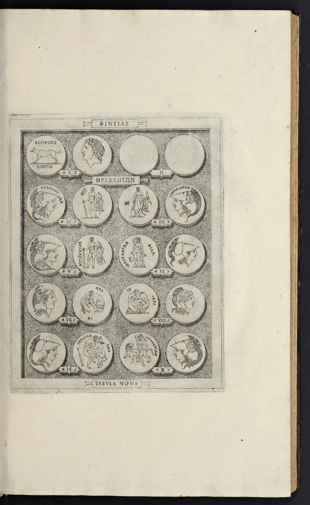 An illustration from Sicilia et Magna Graecia, sive, Historiae urbium et populorum Graeciae ex antiquis numismatibus liber primus, 1644, leaf 22