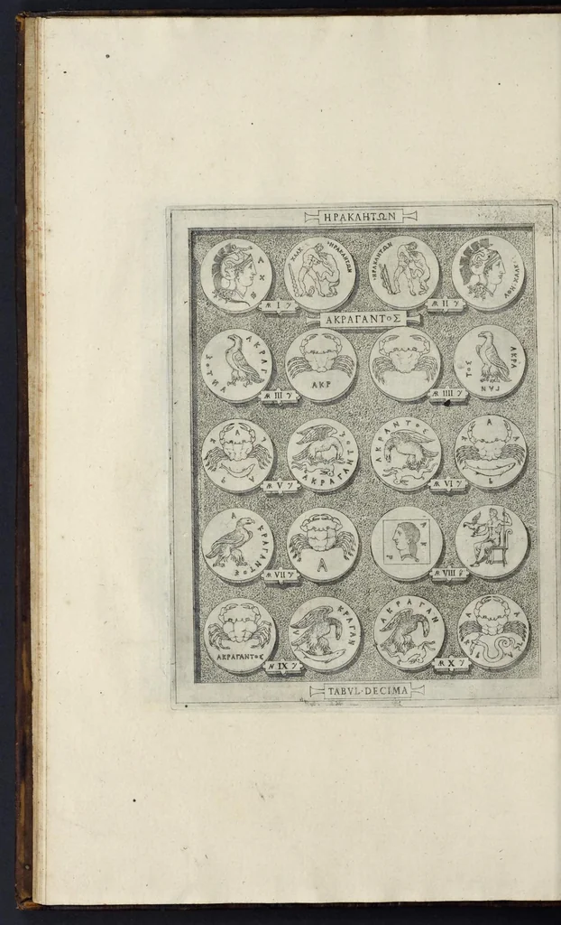 An illustration from Sicilia et Magna Graecia, sive, Historiae urbium et populorum Graeciae ex antiquis numismatibus liber primus, 1644, leaf 23