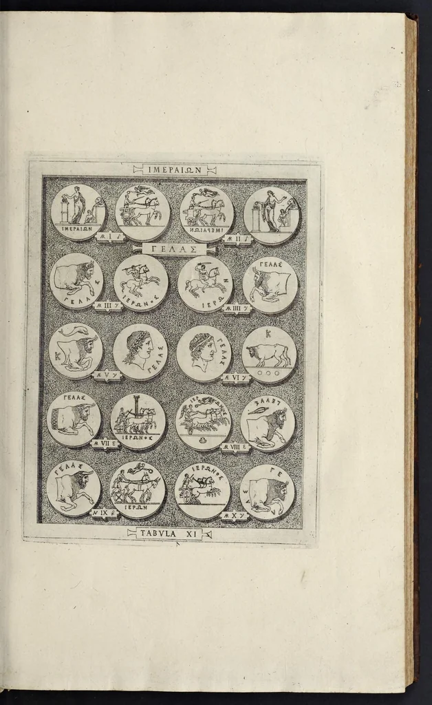 An illustration from Sicilia et Magna Graecia, sive, Historiae urbium et populorum Graeciae ex antiquis numismatibus liber primus, 1644, leaf 24