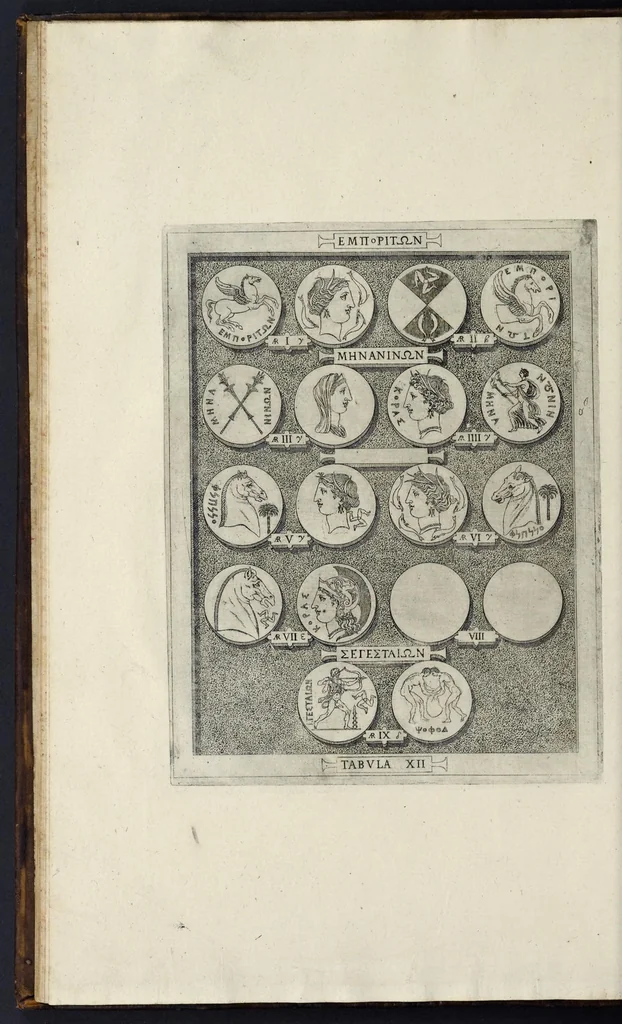 An illustration from Sicilia et Magna Graecia, sive, Historiae urbium et populorum Graeciae ex antiquis numismatibus liber primus, 1644, leaf 25