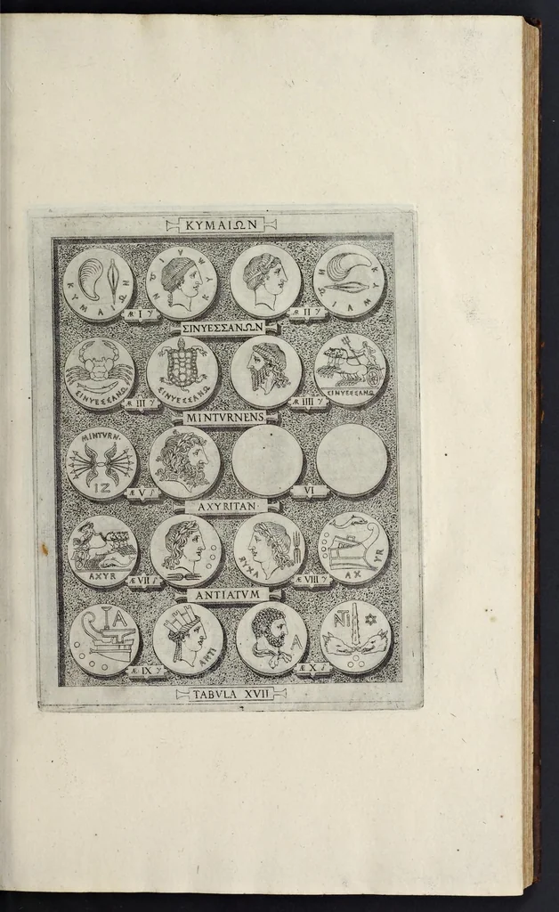 An illustration from Sicilia et Magna Graecia, sive, Historiae urbium et populorum Graeciae ex antiquis numismatibus liber primus, 1644, leaf 32