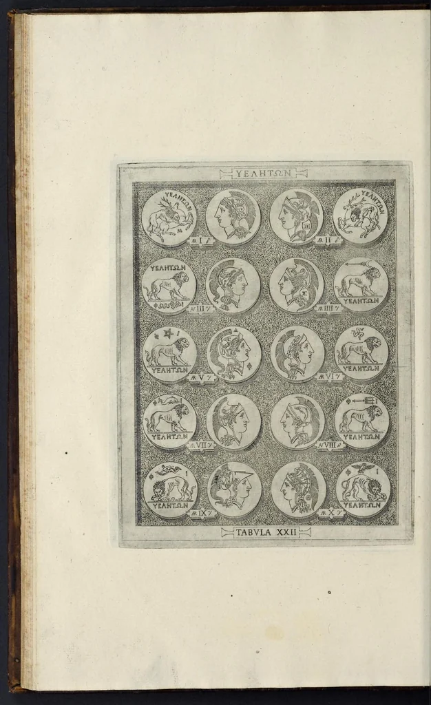 An illustration from Sicilia et Magna Graecia, sive, Historiae urbium et populorum Graeciae ex antiquis numismatibus liber primus, 1644, leaf 37
