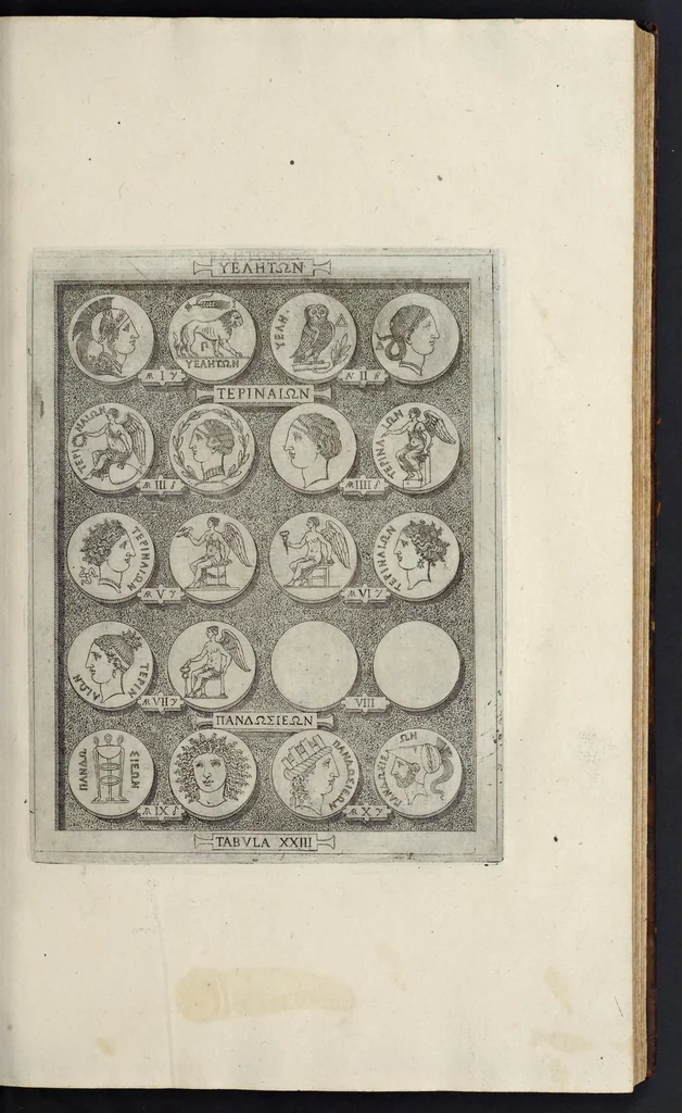 An illustration from Sicilia et Magna Graecia, sive, Historiae urbium et populorum Graeciae ex antiquis numismatibus liber primus, 1644, leaf 38