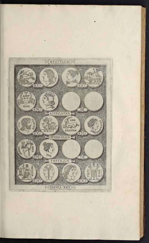 An illustration from Sicilia et Magna Graecia, sive, Historiae urbium et populorum Graeciae ex antiquis numismatibus liber primus, 1644, leaf 40