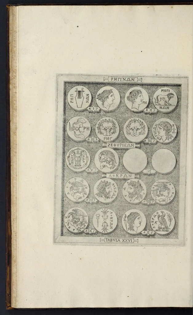 An illustration from Sicilia et Magna Graecia, sive, Historiae urbium et populorum Graeciae ex antiquis numismatibus liber primus, 1644, leaf 41