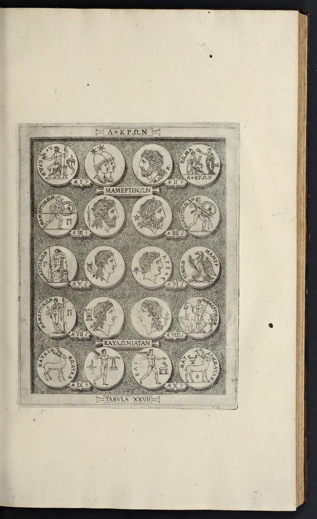 An illustration from Sicilia et Magna Graecia, sive, Historiae urbium et populorum Graeciae ex antiquis numismatibus liber primus, 1644, leaf 42
