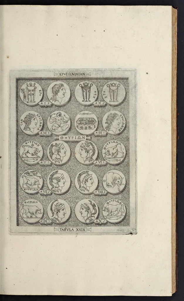An illustration from Sicilia et Magna Graecia, sive, Historiae urbium et populorum Graeciae ex antiquis numismatibus liber primus, 1644, leaf 44