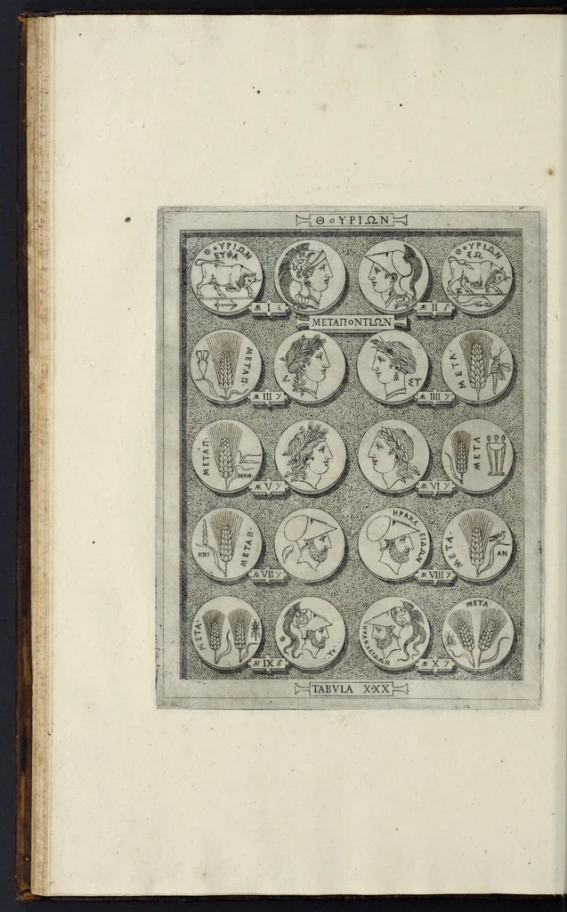 An illustration from Sicilia et Magna Graecia, sive, Historiae urbium et populorum Graeciae ex antiquis numismatibus liber primus, 1644, leaf 45