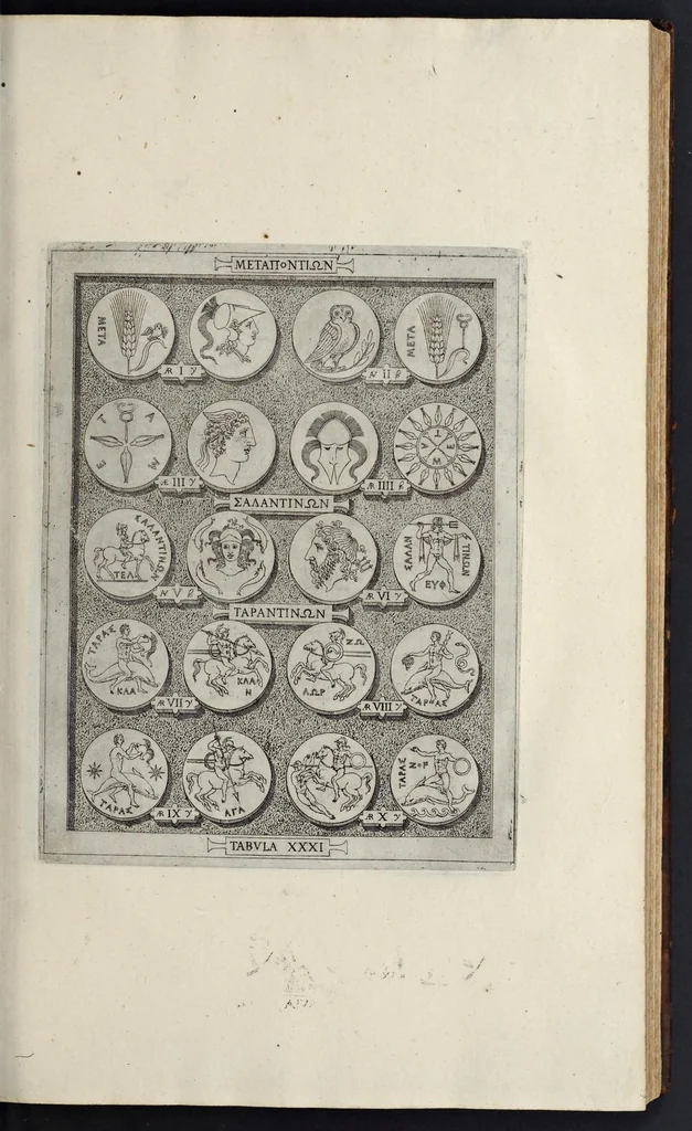 An illustration from Sicilia et Magna Graecia, sive, Historiae urbium et populorum Graeciae ex antiquis numismatibus liber primus, 1644, leaf 46