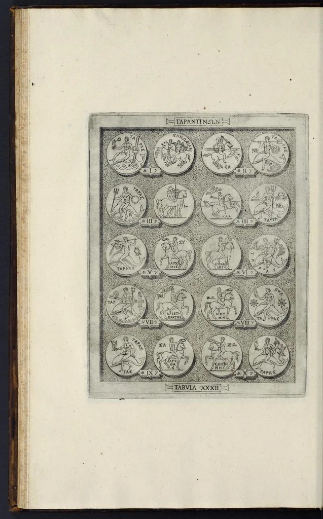 An illustration from Sicilia et Magna Graecia, sive, Historiae urbium et populorum Graeciae ex antiquis numismatibus liber primus, 1644, leaf 47