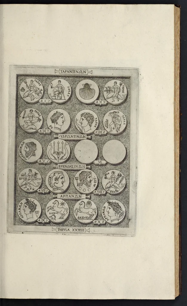 An illustration from Sicilia et Magna Graecia, sive, Historiae urbium et populorum Graeciae ex antiquis numismatibus liber primus, 1644, leaf 48