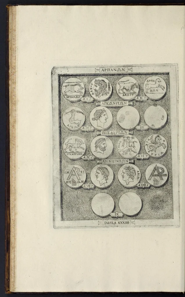 An illustration from Sicilia et Magna Graecia, sive, Historiae urbium et populorum Graeciae ex antiquis numismatibus liber primus, 1644, leaf 49