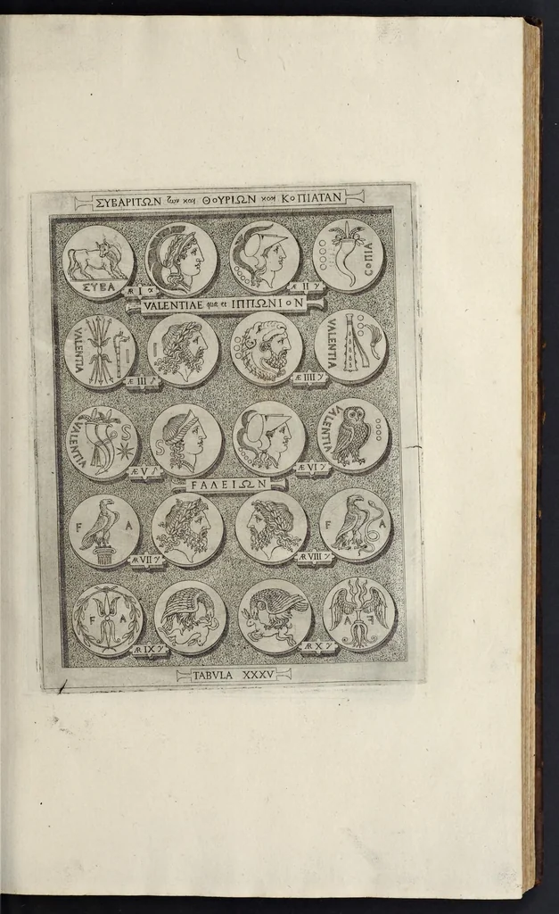 An illustration from Sicilia et Magna Graecia, sive, Historiae urbium et populorum Graeciae ex antiquis numismatibus liber primus, 1644, leaf 50